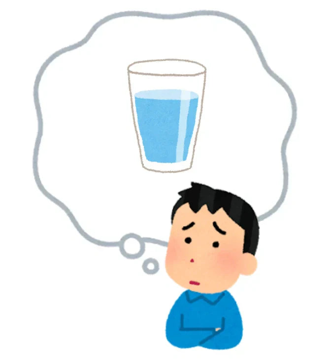 喉の渇きを感じ、水を思い浮かべる男性のイラスト